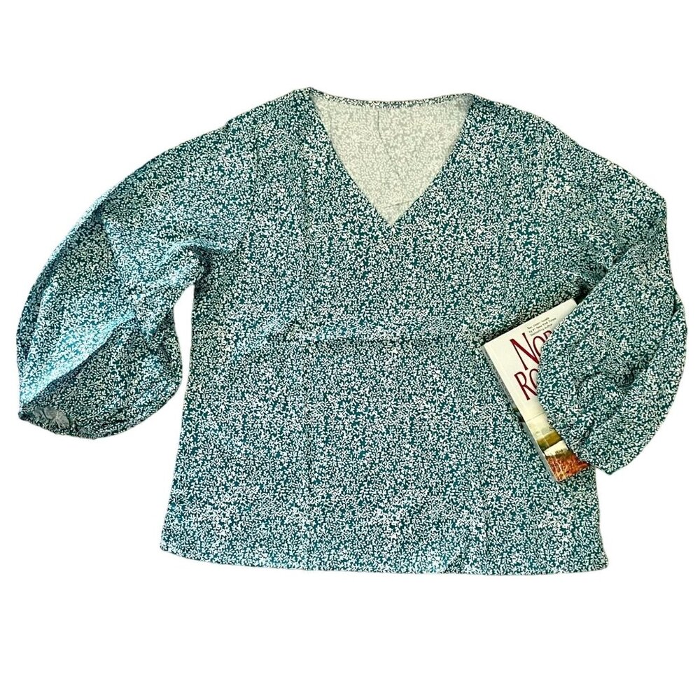 Womens Green Floral Blouse Sz XL Long Puff Sleeves V-Neck